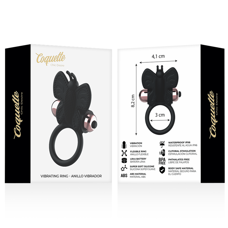 COQUETTE TOYS COCK RING BUTTERFLY ANILLO VIBRADOR NEGRO GOLD