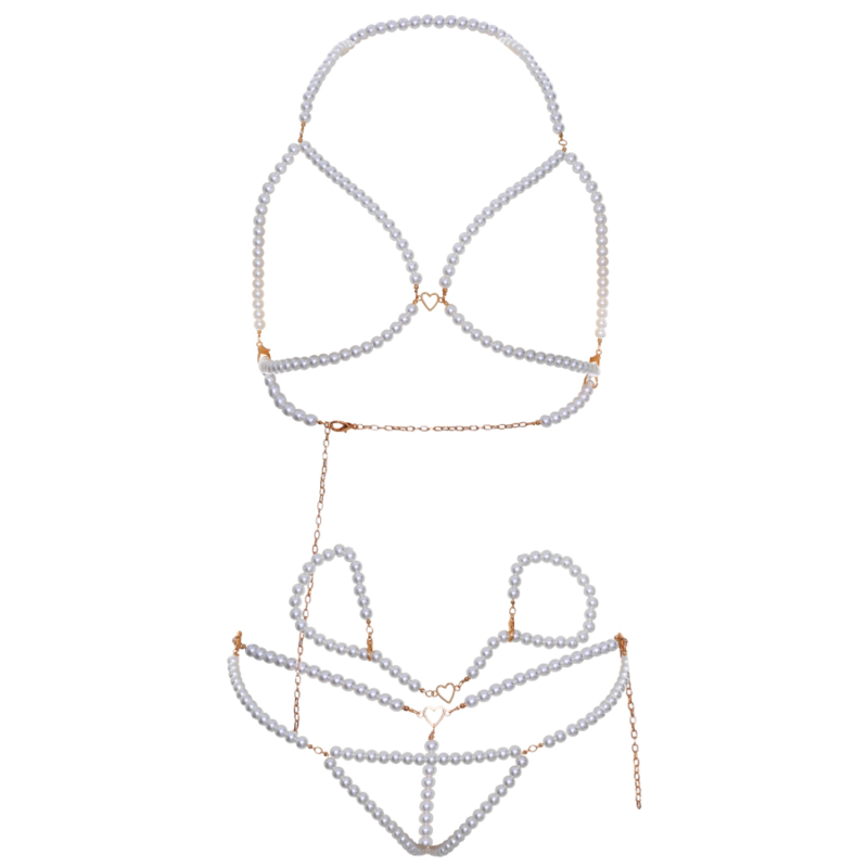 LEG AVENUE SET SUJETADOR MUNEQUERAS TANGA PERLA