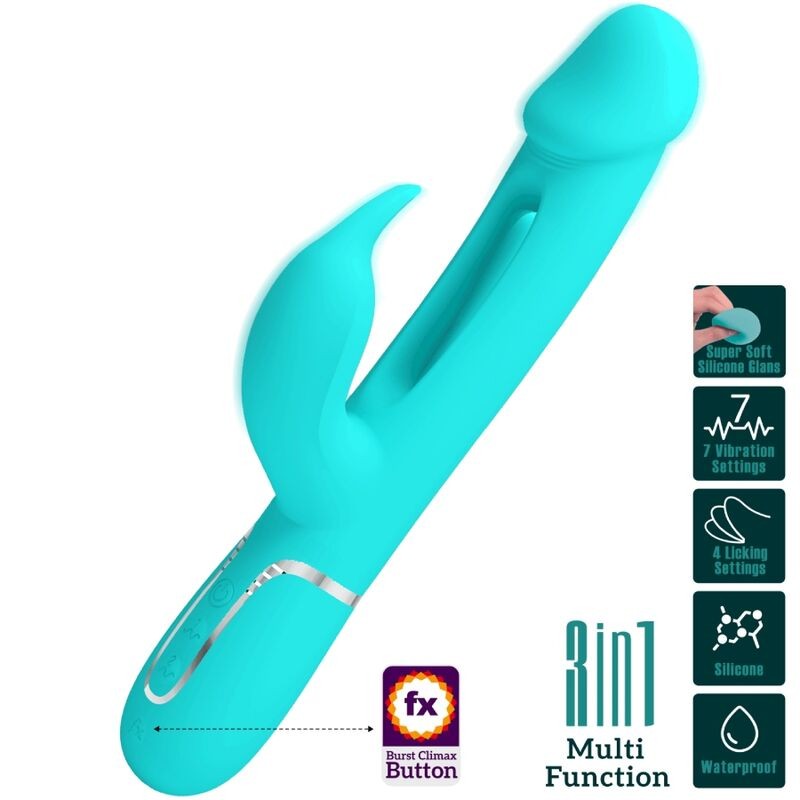 PRETTY LOVE KAMPAS VIBRADOR RABBIT 3 EN 1 MULTIFUNCIoN CON LENGUA VERDE AGUA