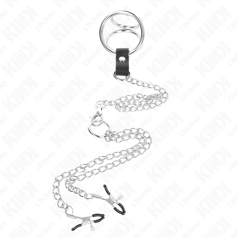 KINK ANILLO PENE TRIPLE METAL CROMADO 38 CM A 5 CM CON CADENA METAL 26 CM Y PINZAS PARA PEZONES MODELO 1