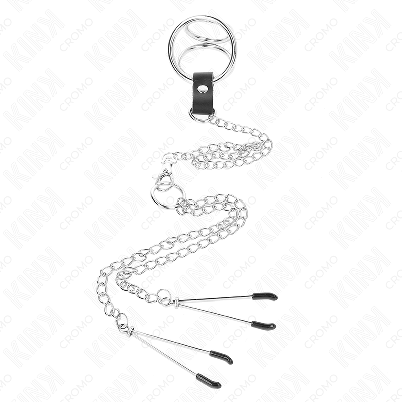 KINK ANILLO PENE TRIPLE METAL CROMADO 38 CM A 5 CM CON CADENA METAL 26 CM Y PINZAS PARA PEZONES MODELO 2