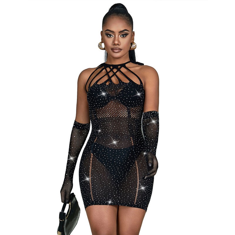 SUBBLIME 952235 BODYSTOCKING DE REJILLA CON BRILLANTES Y GUANTES NEGRO TALLA aNICA