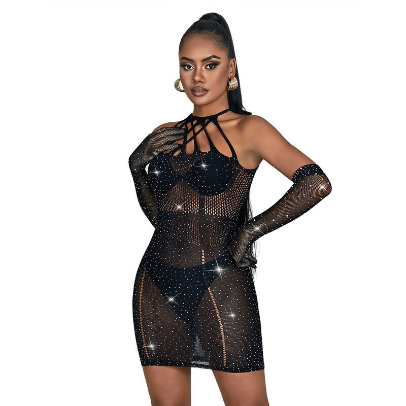 SUBBLIME 952235 BODYSTOCKING DE REJILLA CON BRILLANTES Y GUANTES NEGRO TALLA aNICA