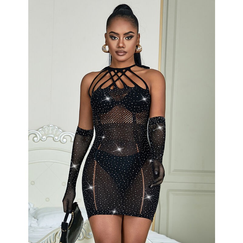 SUBBLIME 952235 BODYSTOCKING DE REJILLA CON BRILLANTES Y GUANTES NEGRO TALLA aNICA