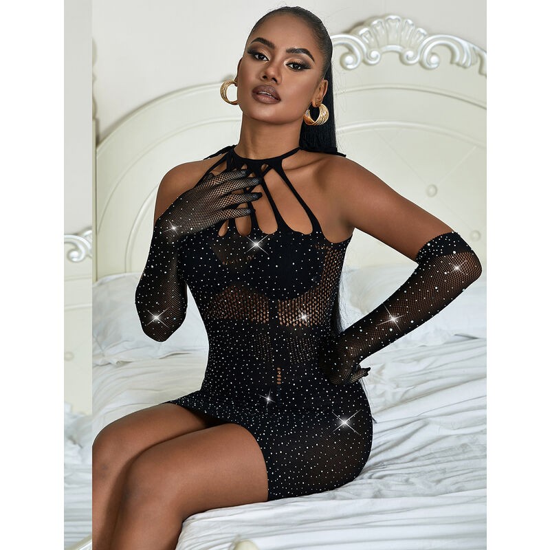 SUBBLIME 952235 BODYSTOCKING DE REJILLA CON BRILLANTES Y GUANTES NEGRO TALLA aNICA