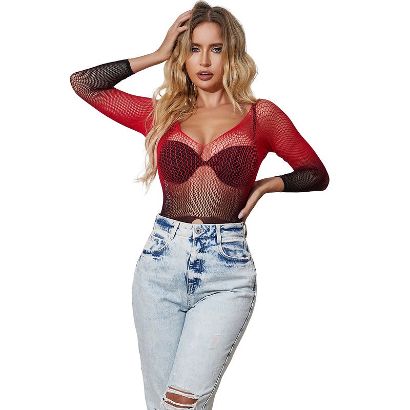 SUBBLIME 952259 BODYSTOCKING DE REJILLA ELSTICO MANGA LARGA DEGRADADO ROJO Y NEGRO TALLA aNICA