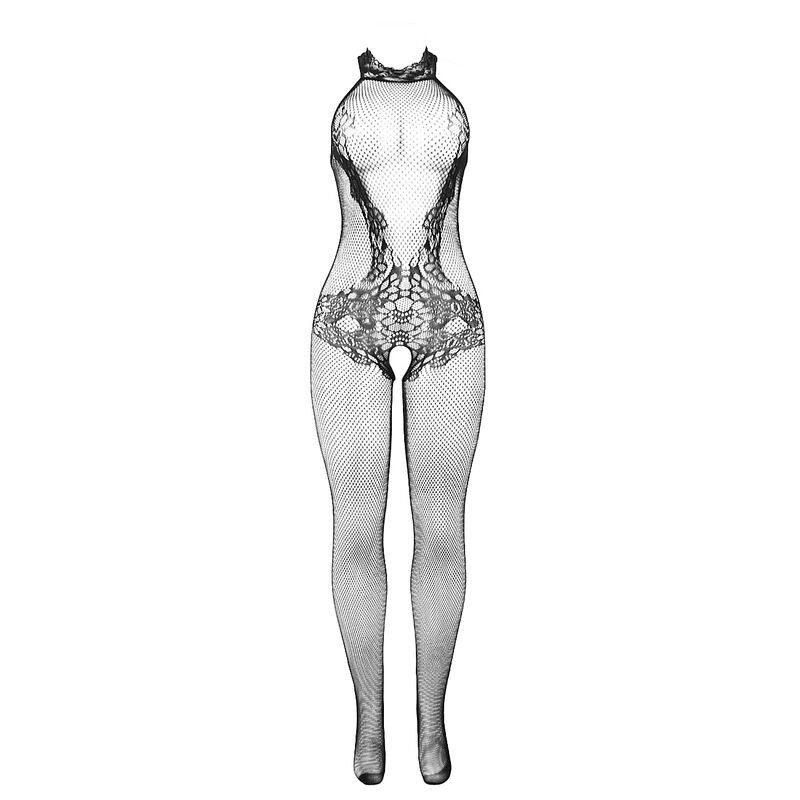 SUBBLIME 951801 BODYSTOCKING CROTCHLESS DE REJILLA Y ENCAJE CON CUELLO ALTO NEGRO TALLA aNICA