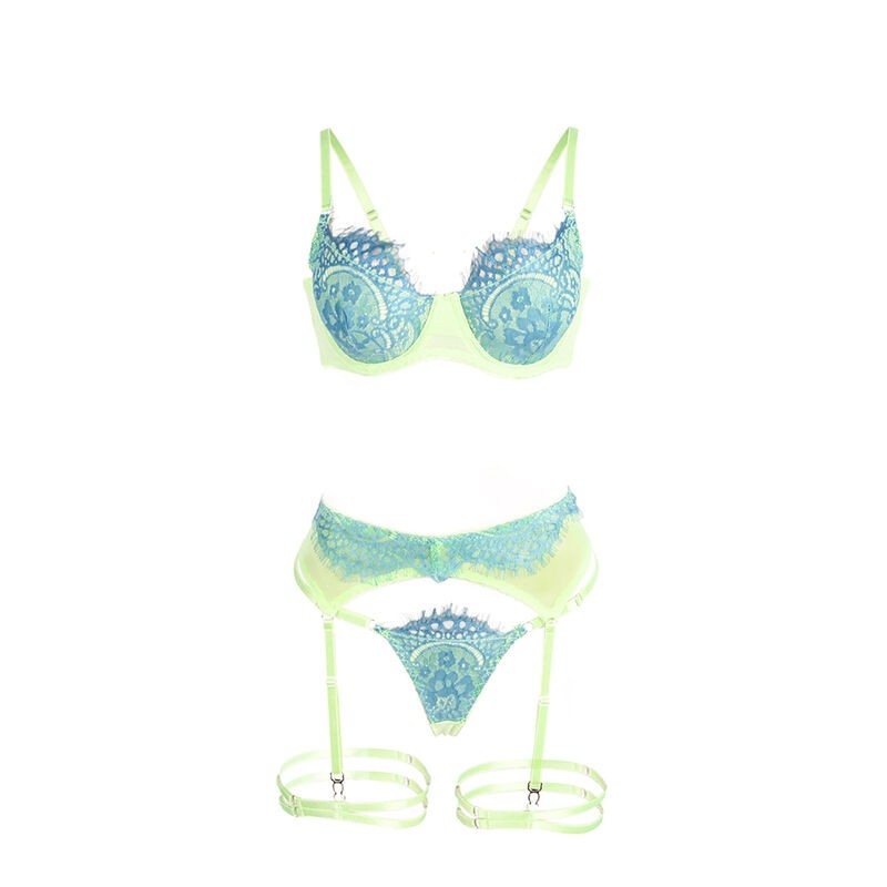 SUBBLIME 955328 SET SUJETADOR CON ENCAJE Y LIGUEROS VERDE Y AZUL L XL