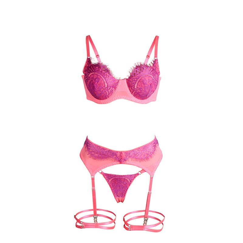 SUBBLIME 955366 SET SUJETADOR CON ENCAJE Y LIGUEROS ROSA Y MORADO L XL