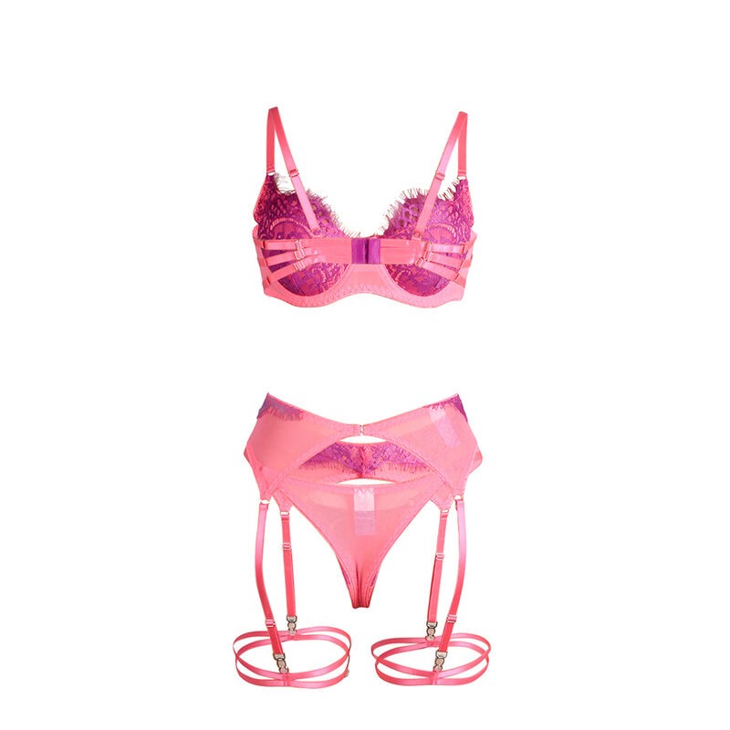 SUBBLIME 955366 SET SUJETADOR CON ENCAJE Y LIGUEROS ROSA Y MORADO L XL