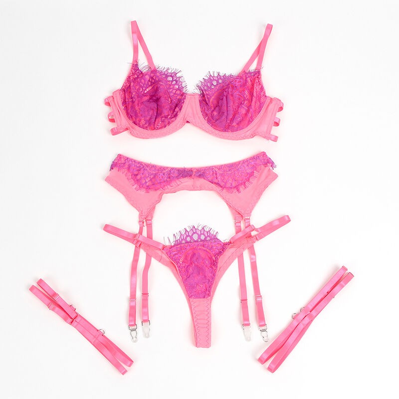 SUBBLIME 955366 SET SUJETADOR CON ENCAJE Y LIGUEROS ROSA Y MORADO L XL