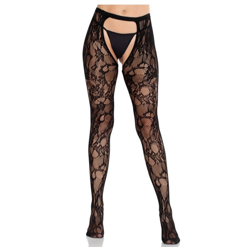 LEG AVENUE MEDIAS DE ENCAJE DE ROSAS CON PARTE TRASERA ABIERTA NEGRO
