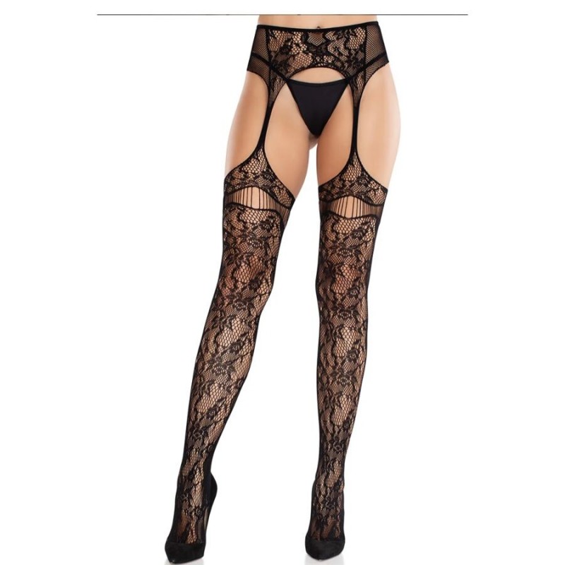 LEG AVENUE MEDIAS DE ENCAJE CON LIGAS NEGRO