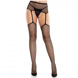 LEG AVENUE MEDIAS DE ENCAJE CON CRUZ Y PORTALIGAS NEGRO