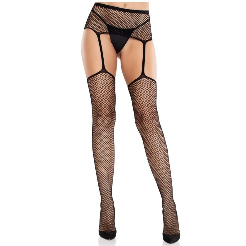 LEG AVENUE MEDIAS DE ENCAJE CON CRUZ Y PORTALIGAS NEGRO