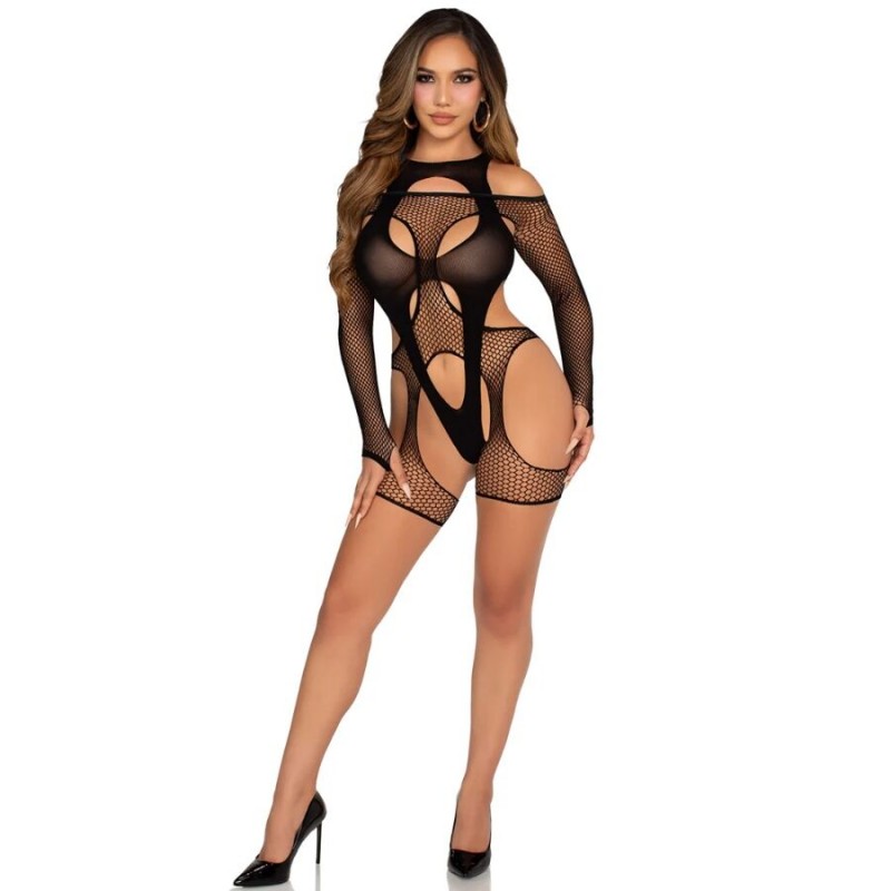 LEG AVENUE BODY DE REJILLA CON LIGA Y ARNaS NEGRO