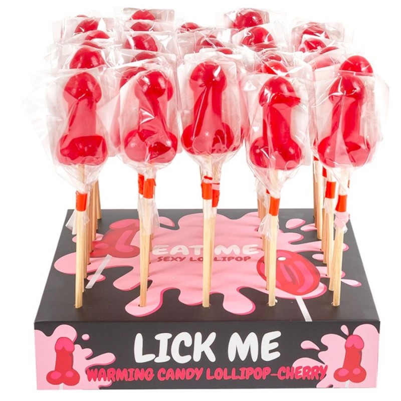 SECRETPLAY EXPOSITOR PIRULETA PENE CARAMELO CEREZA CON EFECTO CALOR PICANTE 40 UNIDADES