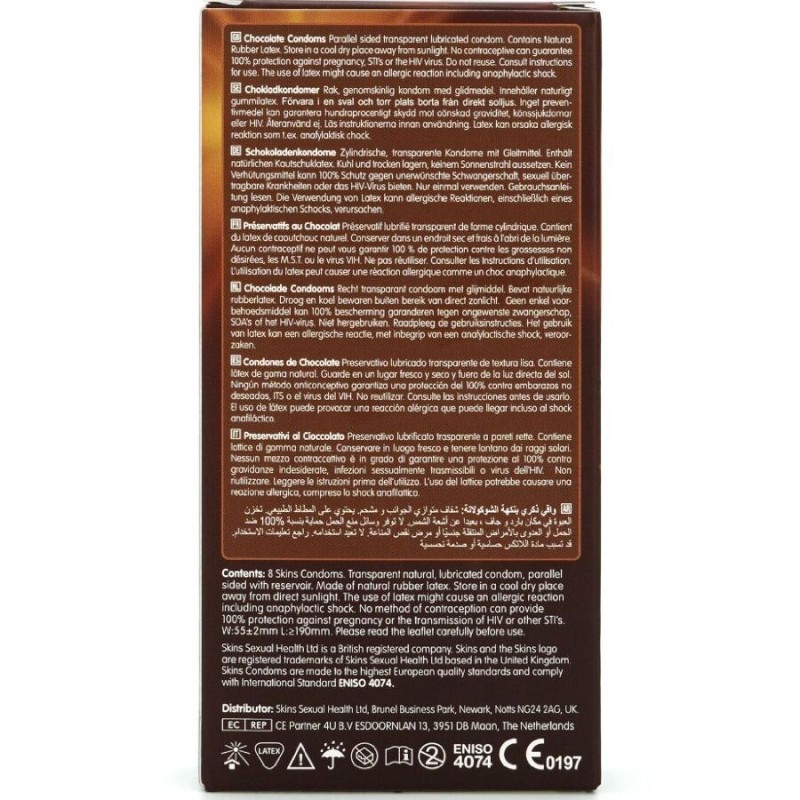SKINS PRESERVATIVOS PREMIUM SABOR CHOCOLATE PACK 8