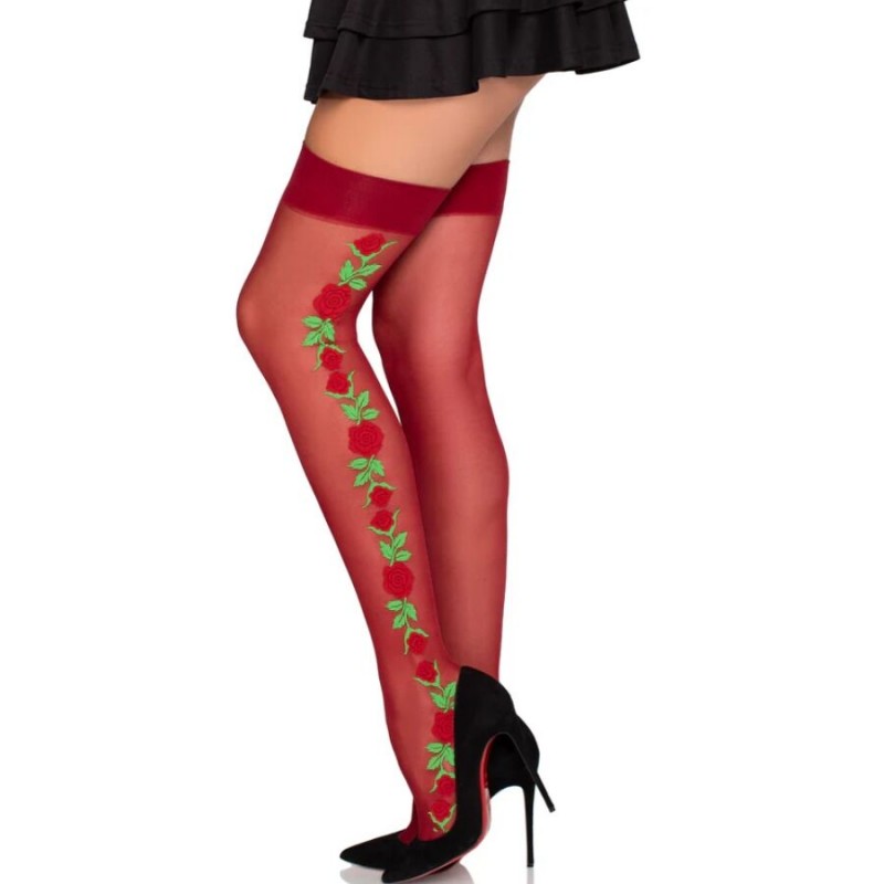 LEG AVENUE 1957 MEDIAS DE LIGUERO CON FLORES ROJAS TALLA aNICA