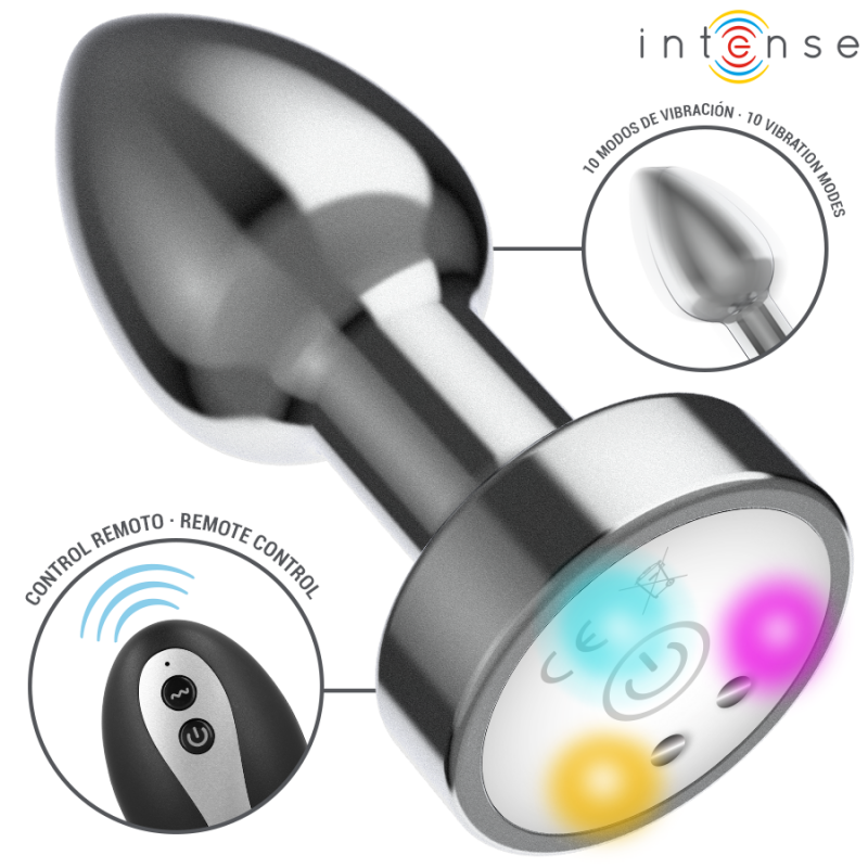 INTENSE PLUG ANAL TALLA M DE METAL VIBRADOR CON LUCES LED MULTICOLOR Y CONTROL REMOTO