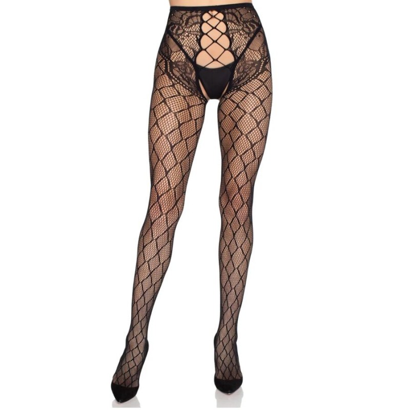 LEG AVENUE 1966 MEDIAS DE RED CON PANTY SIN ENTREPIERNA NEGRO TALLA aNICA