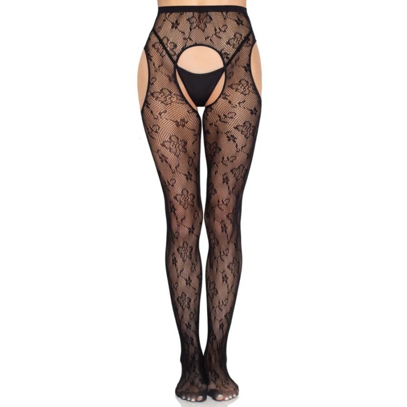LEG AVENUE 1967 MEDIAS DE LIGUERO CON RED DE FLORES NEGRO TALLA aNICA