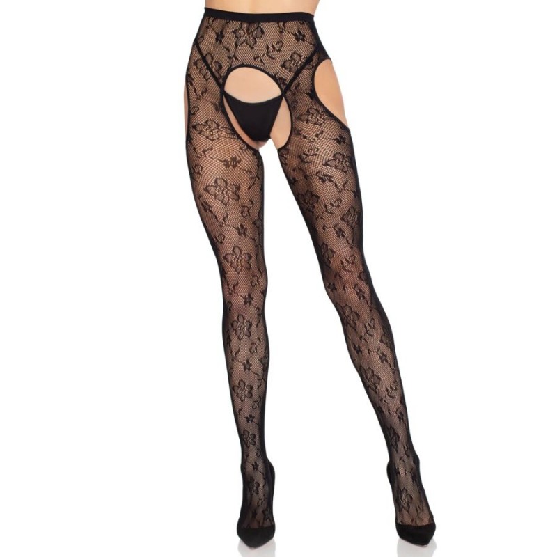 LEG AVENUE 1967 MEDIAS DE LIGUERO CON RED DE FLORES NEGRO TALLA aNICA