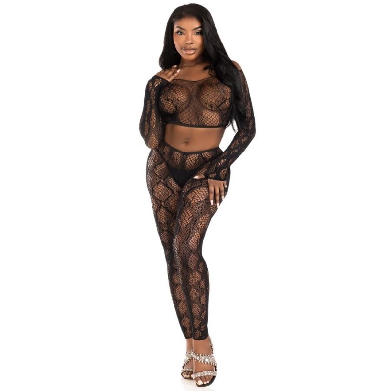 LEG AVENUE 89373 CROP TOP Y MEDIAS SIN PIE DE PITaN NEGRO TALLA aNICA