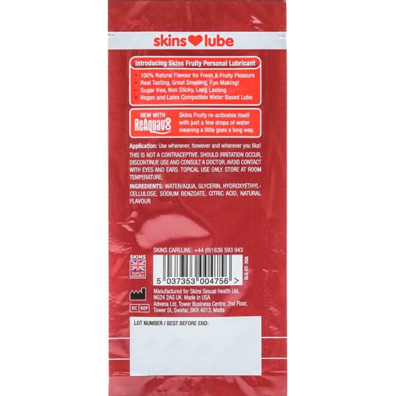 SKINS FRUITY WATER BASED LUBRICANT STRAWBERRY SINGLE DOSE 5 ML