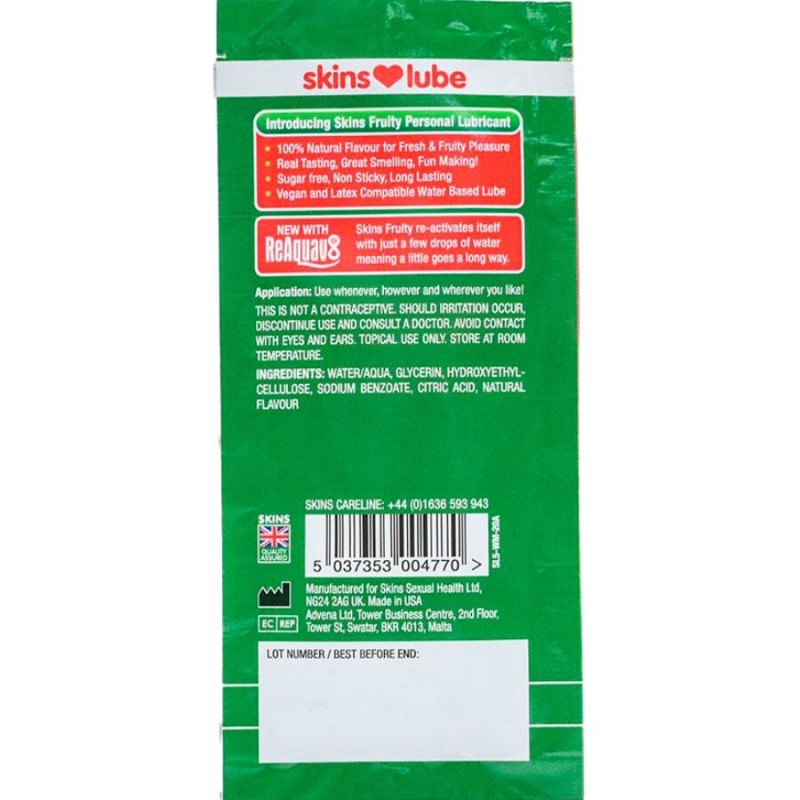 SKINS FRUITY WATER BASED LUBRICANT WATERMELON SINGLE DOSE 5 ML