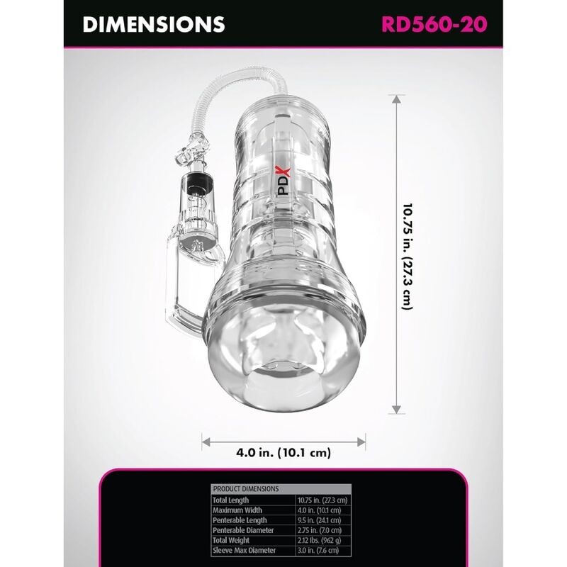 PDX ELITE VIEWTUBE VAC XXL TRANSPARENT STROKER WITH SUCTION PUMP 273 CM
