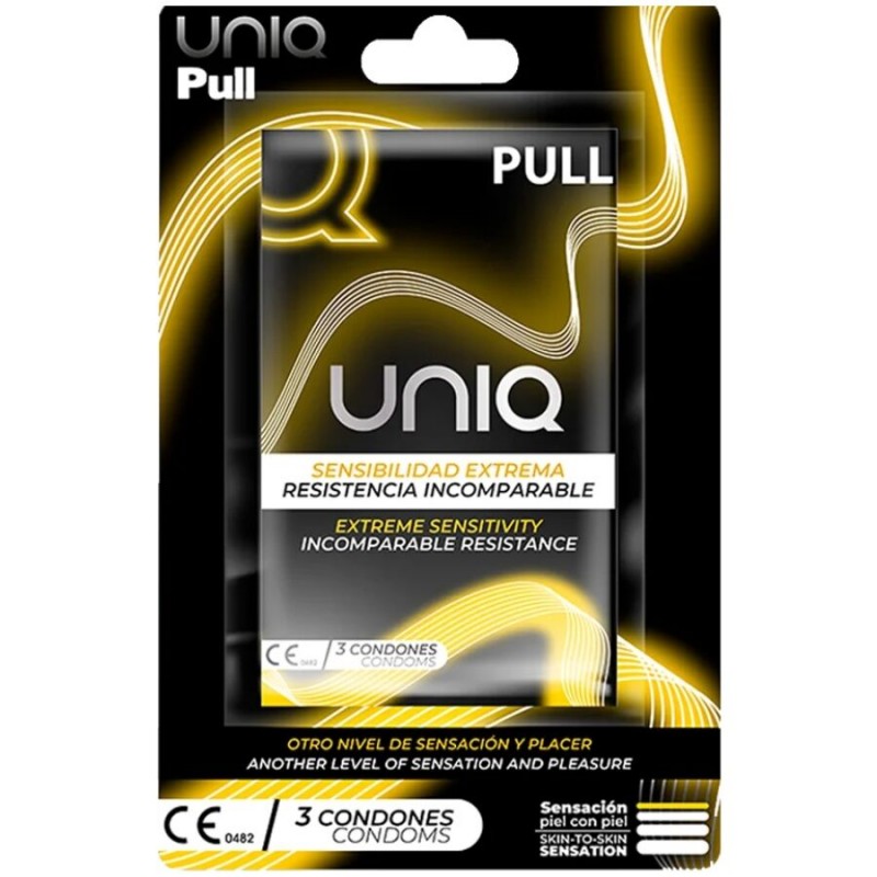 UNIQ PULL PRESERVATIVOS CON TIRAS SIN LaTEX 3 UNIDADES
