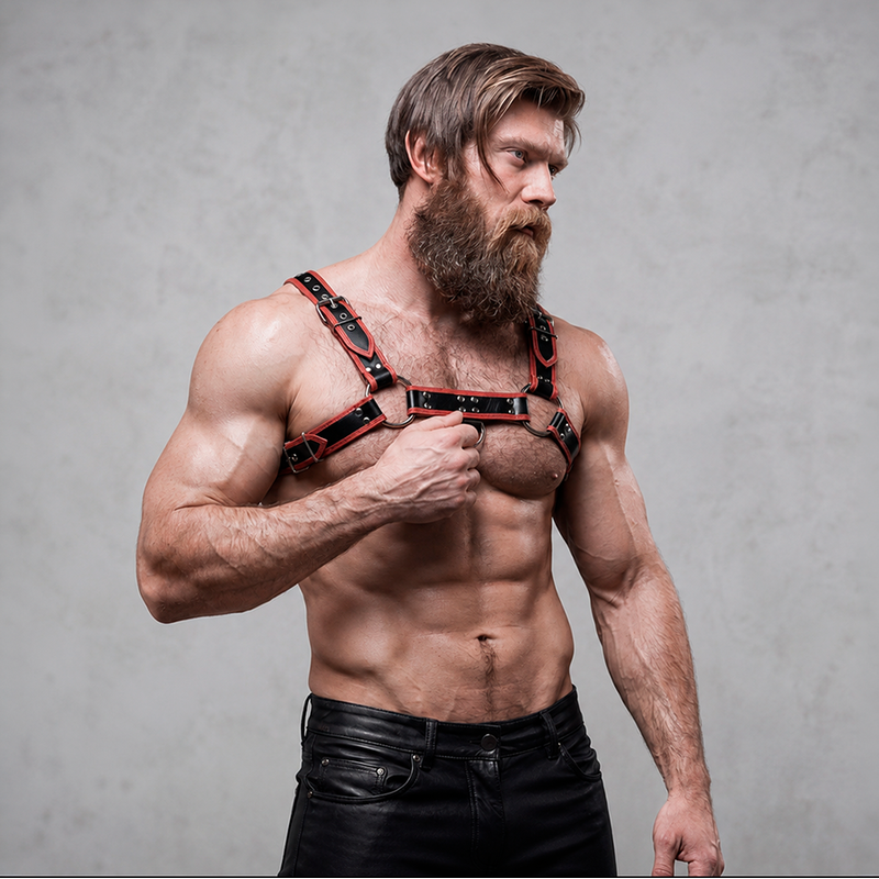 FETISH SUBMISSIVE ATTITUDE ARNeS ECOPIEL PECHO HOMBRE NEGRO ROJO