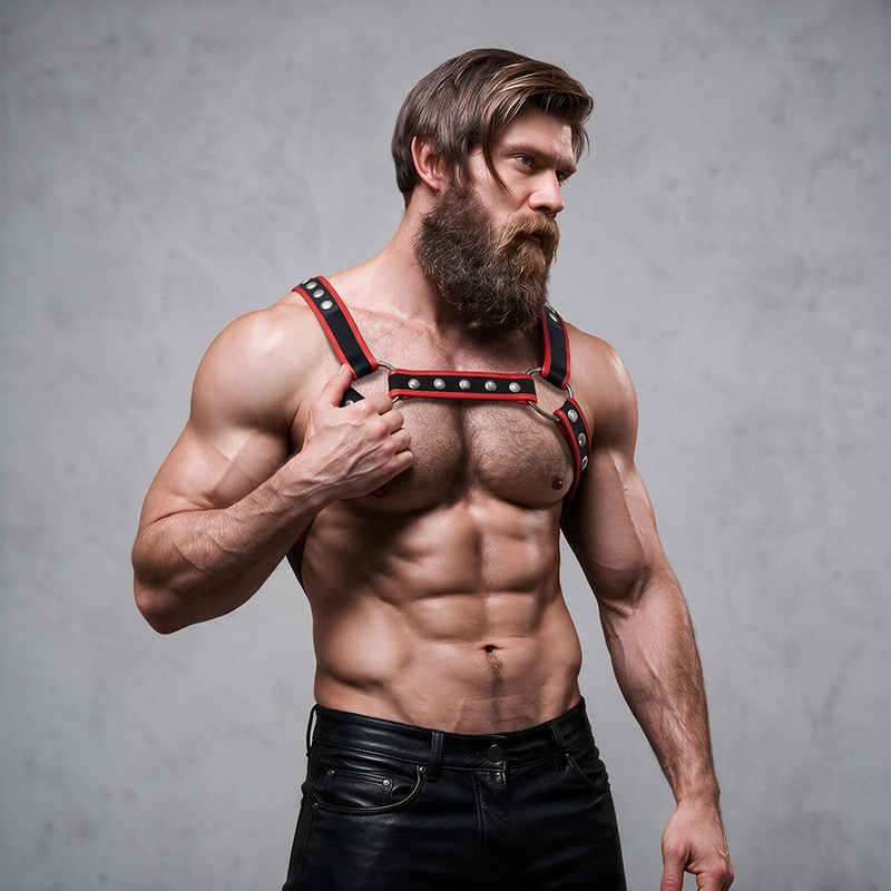 FETISH SUBMISSIVE ATTITUDE ARNeS BULLDOG ECOPIEL PECHO HOMBRE NEGRO ROJO