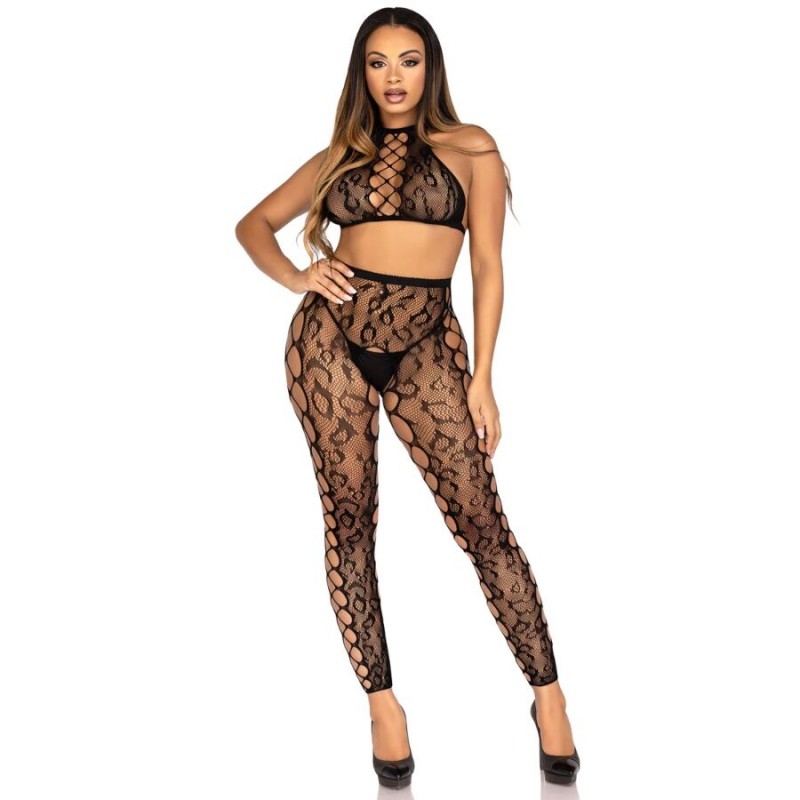 LEG AVENUE 89372 CROP TOP Y MEDIAS SIN ENTREPIERNA NEGRO TALLA uNICA