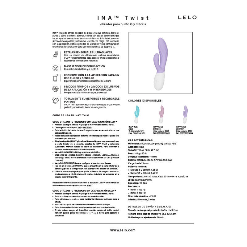LELO INA TWIST VIBRADOR RABBIT PUNTO G Y CLiTORIS LAVANDA