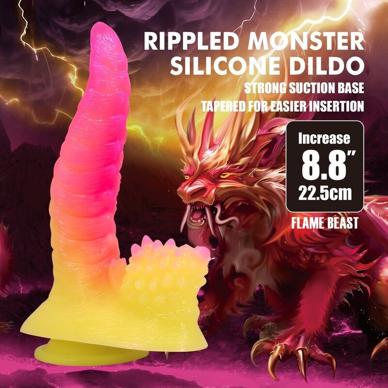 POWER MONSTERS RIPPLIED MONSTER DILDO FANTASiA CON VENTOSA 225 CM Ø 55 CM ROSA Y AMARILLO