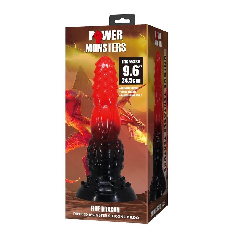 POWER MONSTERS FIRE DRAGON DILDO FANTASiA CON VENTOSA 245 CM Ø 58 CM ROJO Y NEGRO