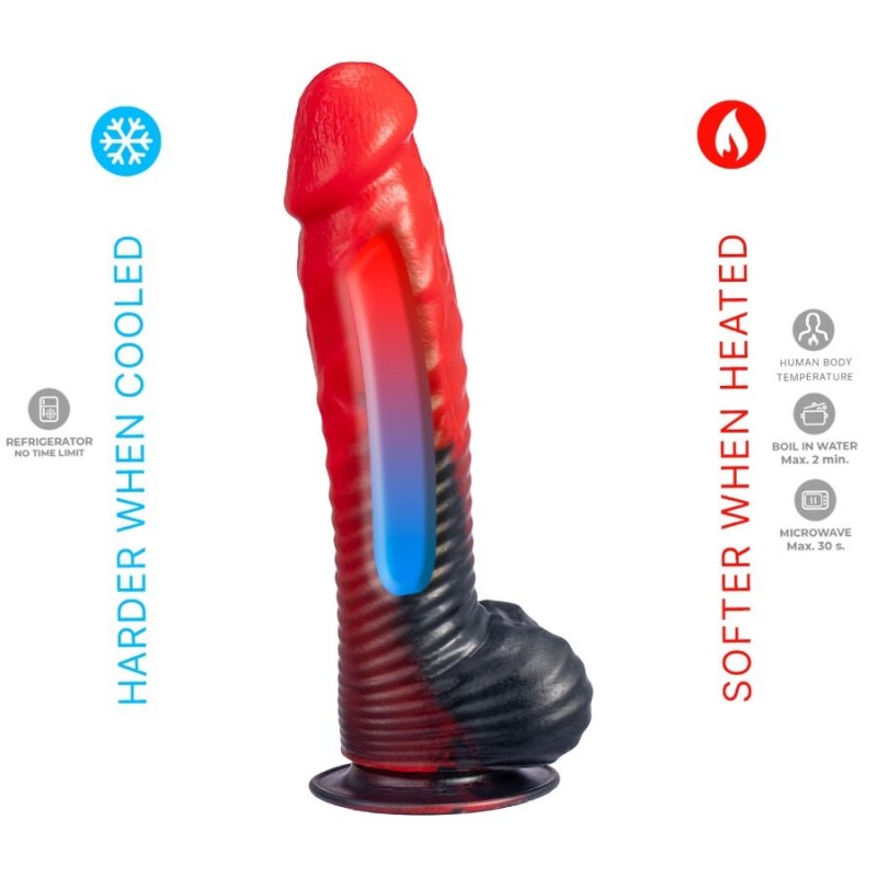 SILEXD DEVIL DILDO FANTASY SILICONA LIQUIDA TERMOREACTIVO ROJO NEGRO 203 CM