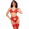 CHILIROSE CR 4848 SET SUJETADOR TANGA MEDIAS DE ENCAJE ROJO S