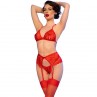 CHILIROSE CR 4848 SET SUJETADOR TANGA MEDIAS DE ENCAJE ROJO S
