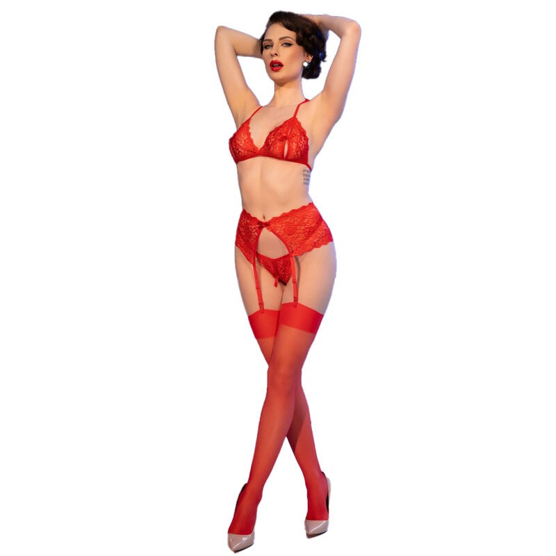 CHILIROSE CR 4848 SET SUJETADOR TANGA MEDIAS DE ENCAJE ROJO S