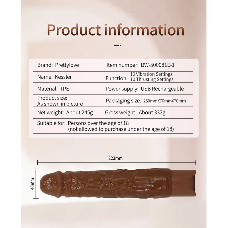PRETTY LOVE KESSLER DILDO VIBRADOR REALISTA 10 MODOS DE VIBRACIoN Y 10 DE EMPUJE 22 CM MARRoN