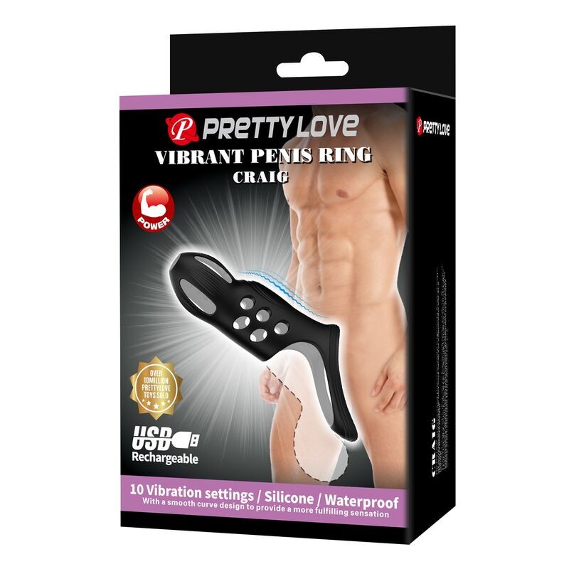 PRETTY LOVE CRAIG ANILLO PARA PENE VIBRADOR RECARGABLE NEGRO