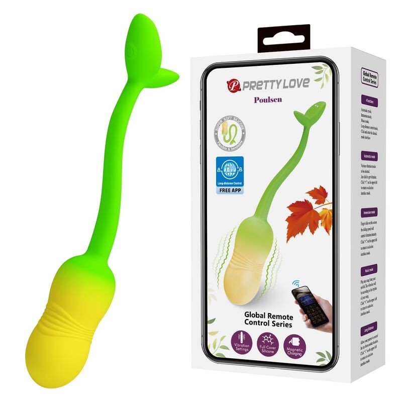 PRETTY LOVE HUEVO VIBRADOR PULSEN CONTROL APP 12 FUNCIONES RECARGABLE USB VERDE AMARILLO