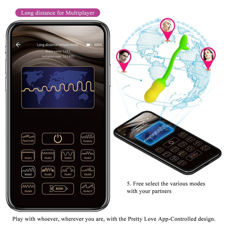 PRETTY LOVE HUEVO VIBRADOR PULSEN CONTROL APP 12 FUNCIONES RECARGABLE USB VERDE AMARILLO