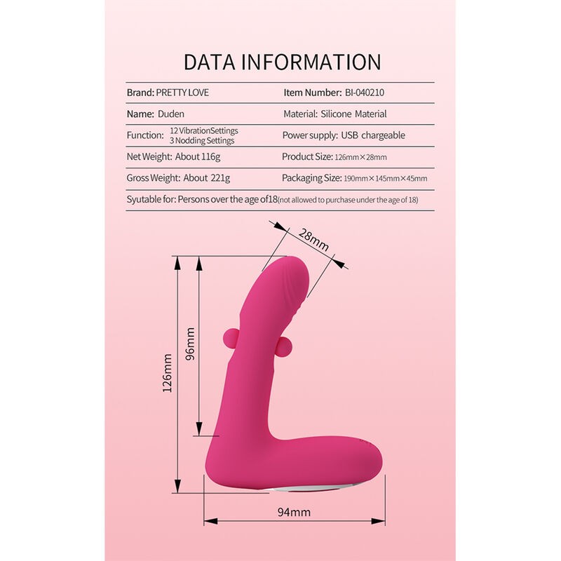 PRETTY LOVE DUDEN VIBRADOR DE SILICONA RECARGABLE 12 MODOS DE VIBRACIoN Y 3 MODOS DE BALANCEO ROSA