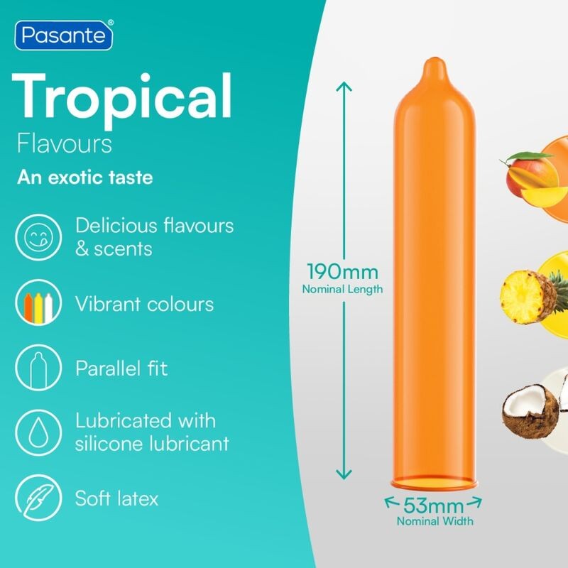 PASANTE TROPICAL PRESERVATIVOS CON SABORES MANGO PINA Y COCO 53 MM 144 UNIDADES