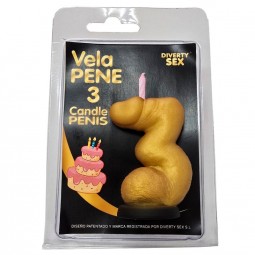 DIABLO PICANTE VELA PENE EN FORMA DE NuMERO 3 COLOR DORADO