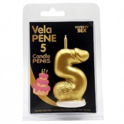 DIABLO PICANTE VELA PENE EN FORMA DE NuMERO 5 COLOR DORADO